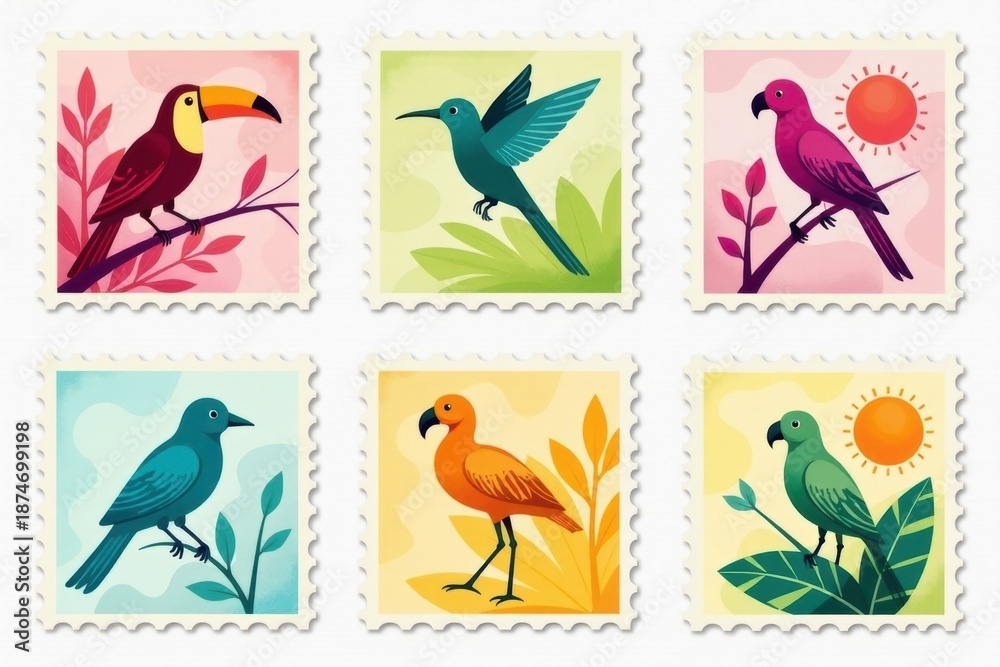 Fototapeta premium Tropical Birds Vintage Stamp Set: Parrots, Flamingos Illustration