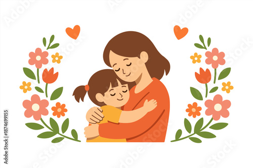 Caucasian female adult hugging caucasian female child surrounded by floral design and hearts