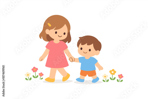 Cute cartoon kids walking with flowers: girl and boy in nature