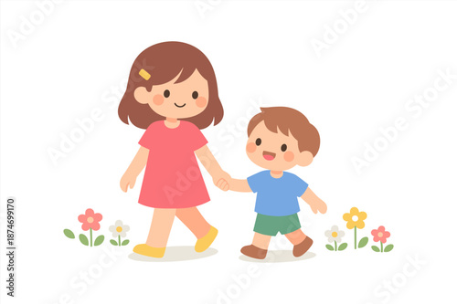 Smiling cartoon children walking among flowers in spring