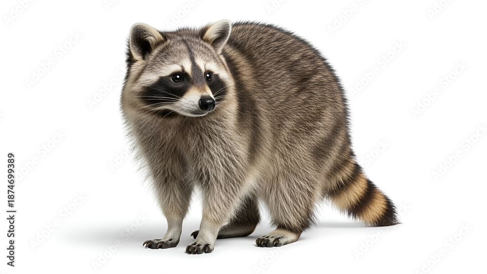 Fototapeta premium Raccoon standing isolated on white background with realistic fur detail, showing North American wildlife, fauna concept, wild animal, and nature.