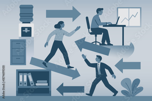 Office workflow with diverse adults in business attire and work environment elements