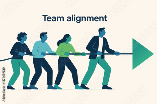 Teamwork graphics featuring diverse group pulling arrow symbolizing alignment and cooperation