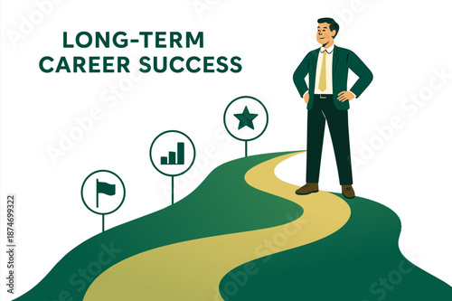 Young asian male achieving long-term career success on path to achievement