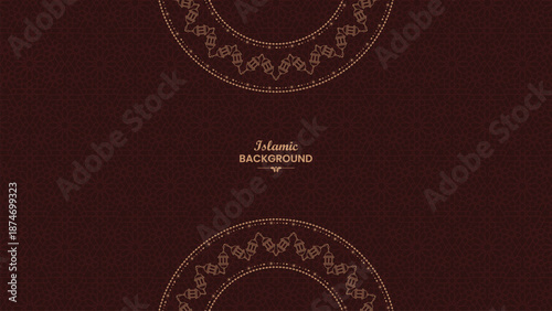 Elegant Islamic Ramadan Background with Dark Maroon Color and Gold Ornamental Lantern Circle, Geometric Arabesque Pattern, Luxury Minimalist Design for Banner Flyer Wallpaper Greeting
