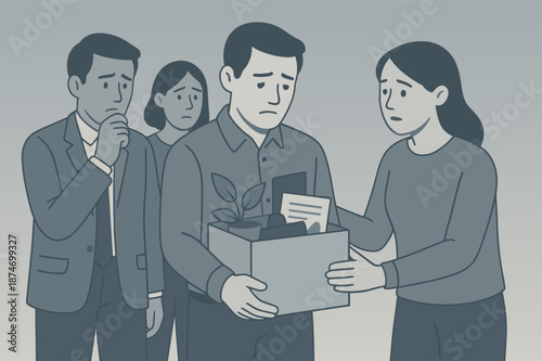 Sad office farewell: young caucasian adults react to unemployment news