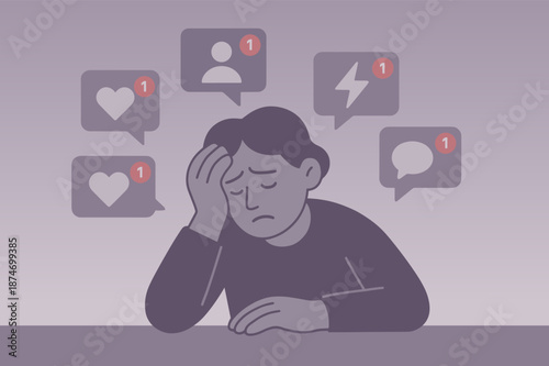 Stressed young male experiencing social media overload