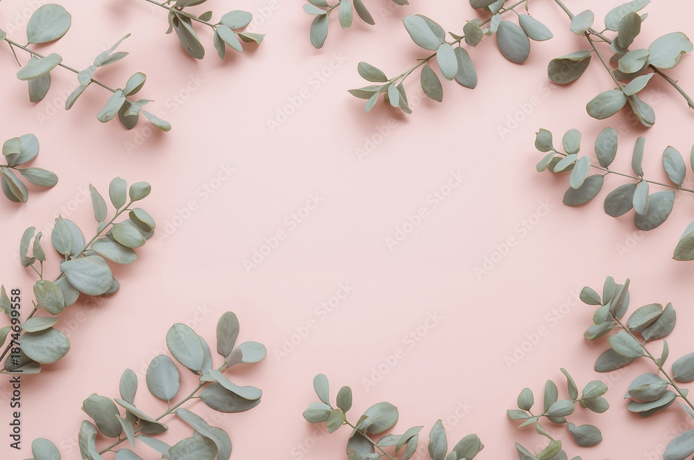 Naklejka premium Eucalyptus leaves on soft pink background with empty space