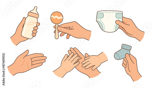 Baby care items and hands illustrations including bottle rattle diaper sock