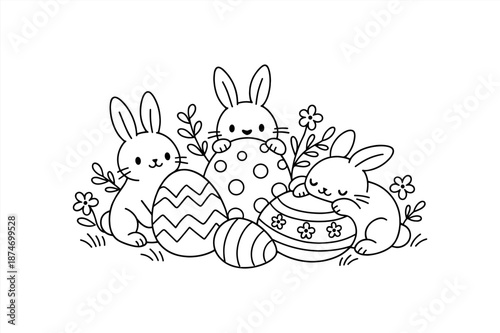 Adorable bunnies with easter eggs and flowers coloring page