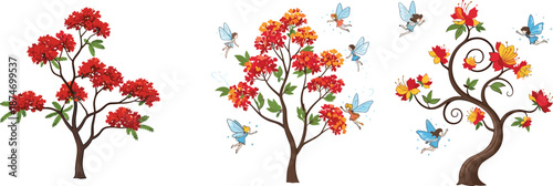 Fantasy trees with colorful blossoms, magical fairies flying around, enchanted floral branches, whimsical nature illustration, vibrant floral fairyland art