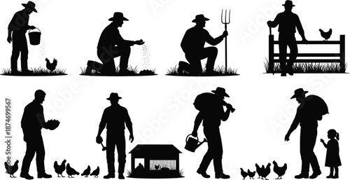 Farm life silhouettes with people, chickens, agriculture scenes, rural lifestyle, traditional farming, vector illustration collection