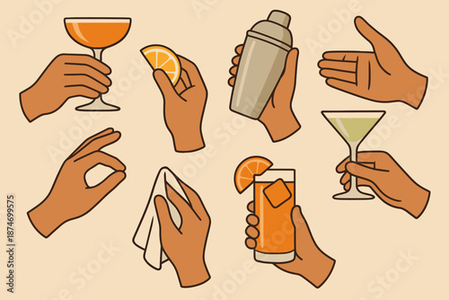 Illustrated hands with cocktails and bartending accessories on neutral background
