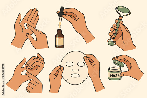 Skincare tools and routine steps with hands and facial products