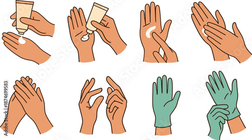 Hand care routine illustration with cream application and gloves