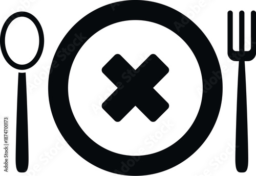 Plate icon with a cross mark, surrounded by a spoon and fork, indicating no eating