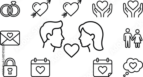 Collection of romantic and love-themed black line art icons on a white background Keywords: love, romance, valentine, heart