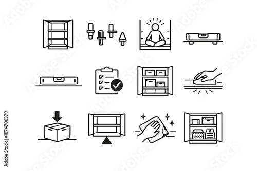 Cabinet calm icon icons overview structure interior setup start everyday vector concept