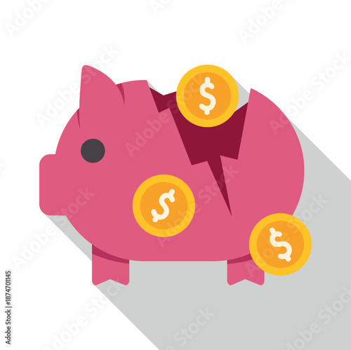 Broken pink piggy bank with gold dollar coins falling, symbolizing financial collapse