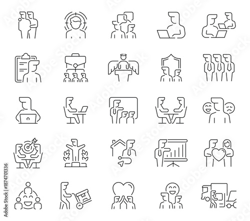 People vector icons collection. Thin line icons related to people and society. People society thin line style icons. Person, individual, community, society, population, group of people