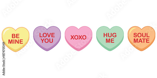 Five Valentine's Day Conversation Hearts with Love Messages on White Background candy