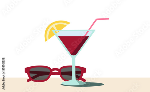 Poolside cocktail with hotel in background – summer resort drink illustration