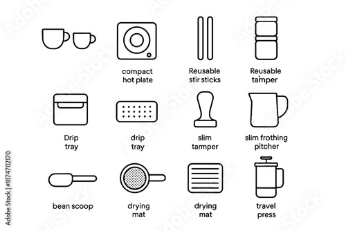 Travel mesh drying tiny stir home coffee press drip cups icon vector