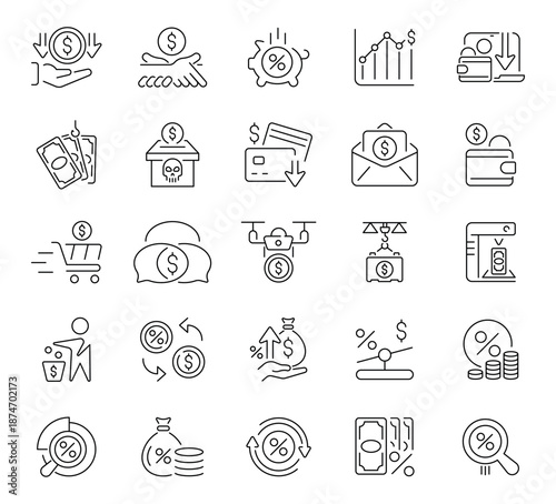Finances vector icons in line style. Finance and money icons set. Outline finance and money icons collection.