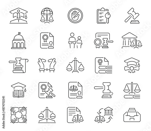 Law and justice vector icons in line style. Law and justice symbols set