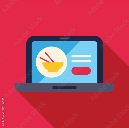 Laptop showing a flat design interface for ordering asian food online with chopsticks