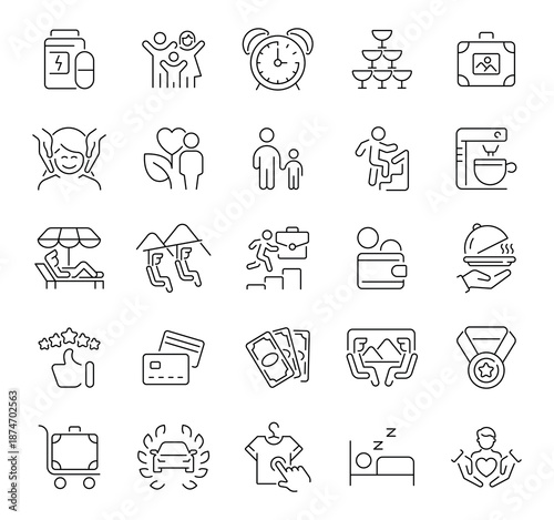 Routine vector icons in line style. Routine icons set. Lifestyle related icons