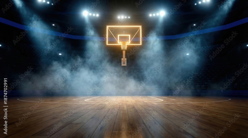 Fototapeta premium Empty basketball court with glowing hoop and dramatic smoke effects under stadium lights