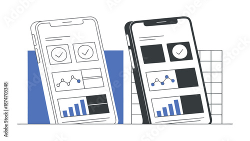 Modern flat illustration showcasing two smartphones displaying financial data and analytics dashboards with charts and graphs set against a minimalist abstract background