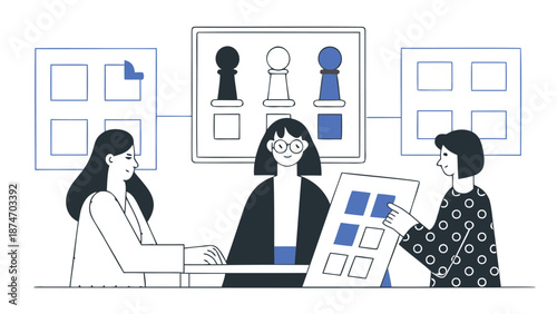 Collaborative business meeting with diverse team members strategizing and planning using chess pieces and grid layouts on boards symbolizing teamwork decision making and strategic