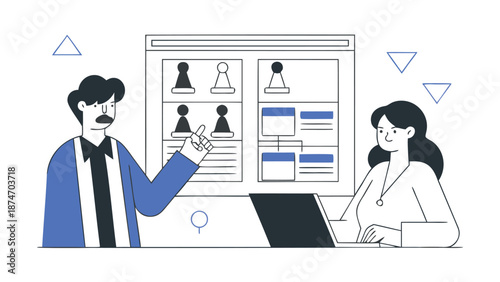 Business professionals collaborating on corporate strategy with organizational charts and diagrams in a modern office setting