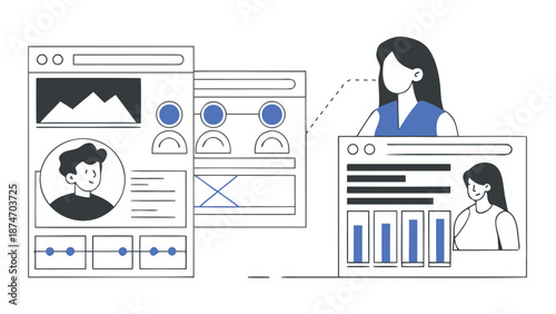 Customer journey data analysis and crm review illustration with business woman and customer profile