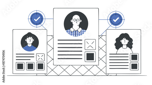 Streamlined hiring workflow visualization showcasing resume analysis and candidate selection process with clear checkmarks indicating approved profiles and cross marks