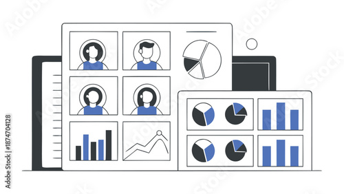 Modern human resources dashboard illustration featuring a grid of diverse employee avatars performance charts and data analytics graphs symbolizing team management recruitment