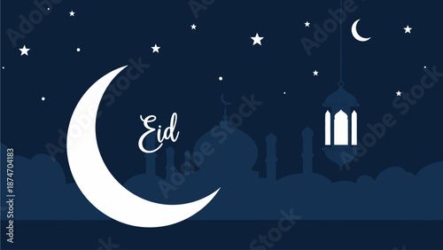 This flat design vector illustration beautifully combines the iconic crescent moon and a traditional Eid lantern, symbolizing the start and festivities of Eid al-Fitr