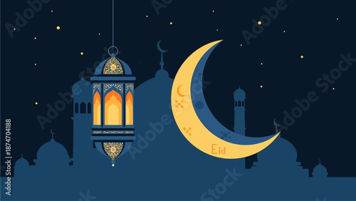 This flat design vector illustration beautifully combines the iconic crescent moon and a traditional Eid lantern, symbolizing the start and festivities of Eid al-Fitr
