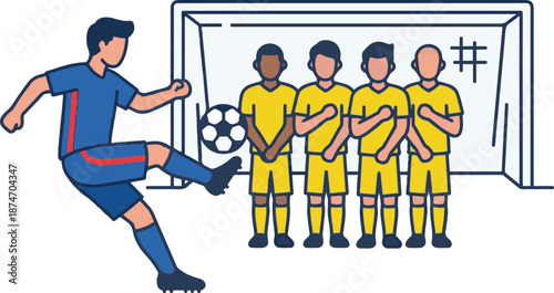 Soccer player taking a free kick against a defensive wall of four opponents standing in front of the goal, vector illustration.
