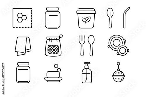Bamboo icons sustainable vector compost utensils glass lids refill silicone icon bin
