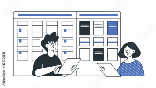 Team collaboration scene showing organized task planning boards with two colleagues working together in a modern workspace environment