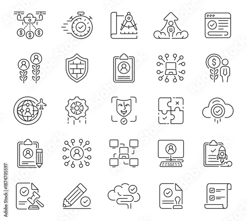 Simple goals icons set: editable line icons, outline, success and achievement symbols