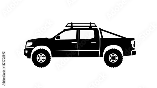 Vector illustration of a rugged pickup truck with a roof rack, designed for off-road adventure travel