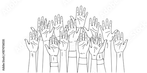 Diverse Hands Raised Unity Vector - Black White Minimalist Line Art Community Solidarity Illustration for Charity Volunteer Nonprofit Design on White Background