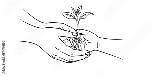 Parent Child Hands Seedling Vector - Black White Generational Community Service Nurturing Legacy Growth Line Art Illustration on White Background