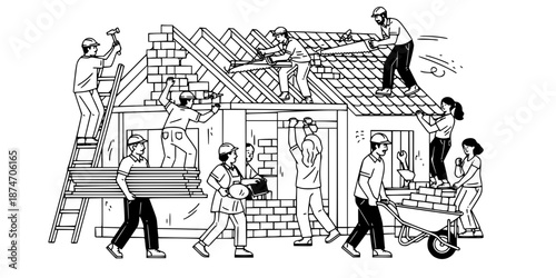 Community House Building Vector - Black White People Construction Habitat Service Tools Materials Volunteer Shelter Illustration on White Background