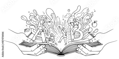Hands Book Education Vector - Black White Literacy Community Service Knowledge Sharing Reading Learning Line Art Illustration on White Background