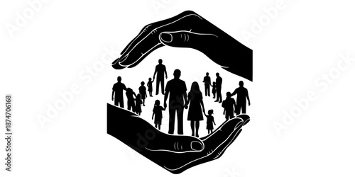 Hands Protecting Family Vector - Black White Community Support Care Security Circle Protection Silhouette Illustration on White Background